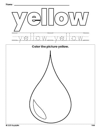 Free raindrop color yellow coloring page and color worksheet, yellow worksheet for preschoolers to learn colors, printable PDF