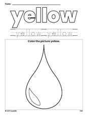 Free raindrop color yellow coloring page and color worksheet, yellow worksheet for preschoolers to learn colors, printable PDF