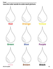 Free raindrop coloring page and color worksheet for preschoolers to learn colors, printable PDF