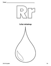 Free printable raindrop coloring page, letter r coloring page for preschool, pre-k, and kindergarten, PDF