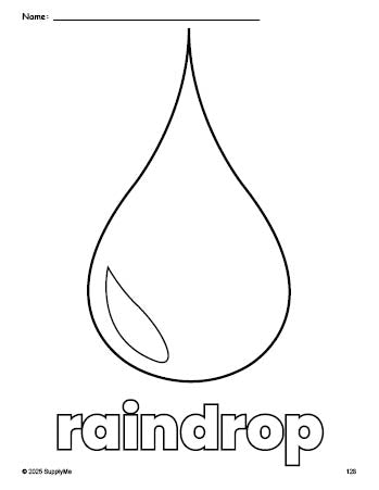 Free printable raindrop coloring page for preschool, pre-k, and kindergarten, PDF