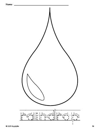 Free printable raindrop coloring page and word tracing worksheet, letter formation guides, perfect for preschool, pre-k, and kindergarten, PDF