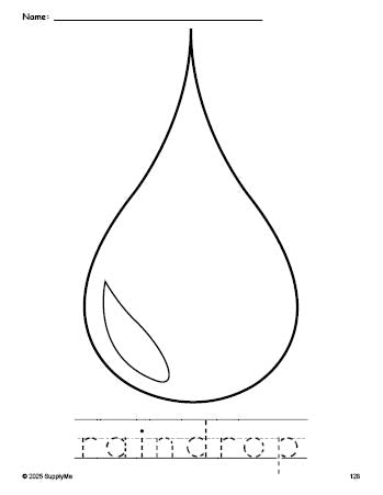 Free printable raindrop coloring page and word tracing worksheet, perfect for preschool, pre-k, and kindergarten, PDF