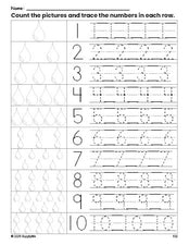 Free printable raindrop counting worksheet for preschool and pre-k with number tracing practice 1-10, PDF