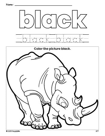 Free rhinoceros color black coloring page and color worksheet, black worksheet for preschoolers to learn colors, printable PDF