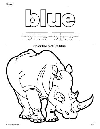 Free rhinoceros color blue coloring page and color worksheet, blue worksheet for preschoolers to learn colors, printable PDF