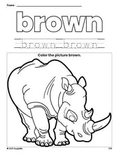 Free rhinoceros color brown coloring page and color worksheet, brown worksheet for preschoolers to learn colors, printable PDF