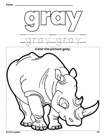 Free rhinoceros color gray coloring page and color worksheet, gray worksheet for preschoolers to learn colors, printable PDF