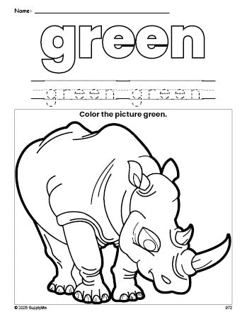 Free rhinoceros color green coloring page and color worksheet, green worksheet for preschoolers to learn colors, printable PDF