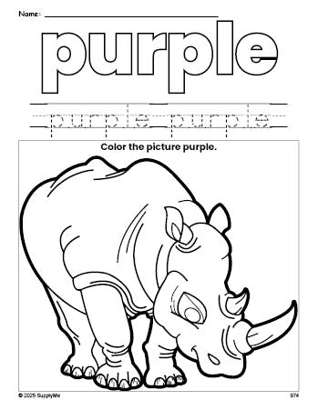 Free rhinoceros color purple coloring page and color worksheet, purple worksheet for preschoolers to learn colors, printable PDF