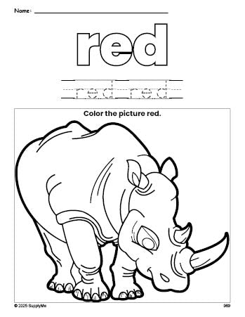 Free rhinoceros color red coloring page and color worksheet, red worksheet for preschoolers to learn colors, printable PDF