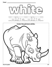 Free rhinoceros color white coloring page and color worksheet, white worksheet for preschoolers to learn colors, printable PDF