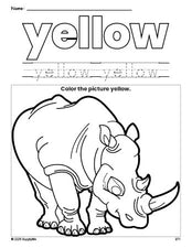 Free rhinoceros color yellow coloring page and color worksheet, yellow worksheet for preschoolers to learn colors, printable PDF