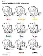 Free rhinoceros coloring page and color worksheet for preschoolers to learn colors, printable PDF