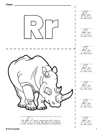 Free printable rhinoceros coloring page and cursive letter tracing worksheet, letter r worksheet for preschool, pre-k, and kindergarten, PDF