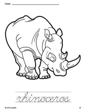 Free printable rhinoceros coloring page and cursive word tracing worksheet, perfect for preschool, pre-k, and kindergarten, PDF