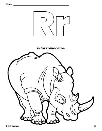 Free printable rhinoceros coloring page, letter r coloring page for preschool, pre-k, and kindergarten, PDF