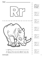 Free printable rhinoceros coloring page and letter tracing worksheet, letter r worksheet for preschool, pre-k, and kindergarten, PDF