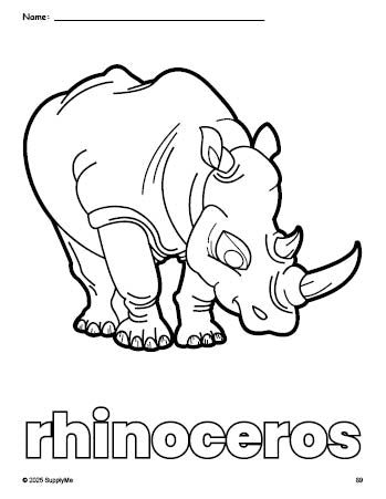 Free printable rhinoceros coloring page for preschool, pre-k, and kindergarten, PDF