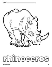 Free printable rhinoceros coloring page for preschool, pre-k, and kindergarten, PDF