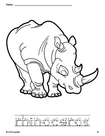 Free printable rhinoceros coloring page and word tracing worksheet, letter formation guides, perfect for preschool, pre-k, and kindergarten, PDF