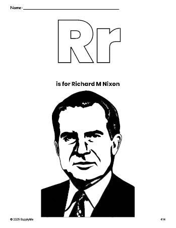 Free printable Richard M Nixon Presidents' Day coloring page, letter r coloring page for preschool, pre-k, and kindergarten, PDF