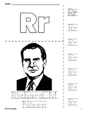 Free printable Richard M Nixon Presidents' Day coloring page and letter tracing worksheet, letter r worksheet for preschool, pre-k, and kindergarten, PDF