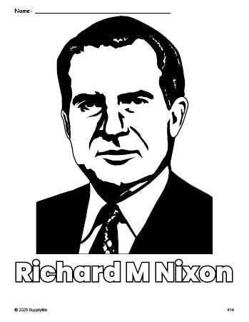 Free printable Richard M Nixon Presidents' Day coloring page for preschool, pre-k, and kindergarten, PDF