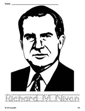 Free printable Richard M Nixon Presidents' Day coloring page and word tracing worksheet, letter formation guides, perfect for preschool, pre-k, and kindergarten, PDF