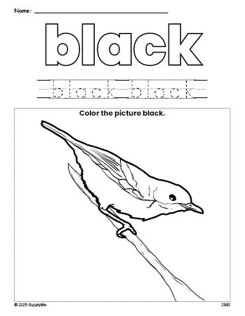 Free robin color black coloring page and color worksheet, black worksheet for preschoolers to learn colors, printable PDF