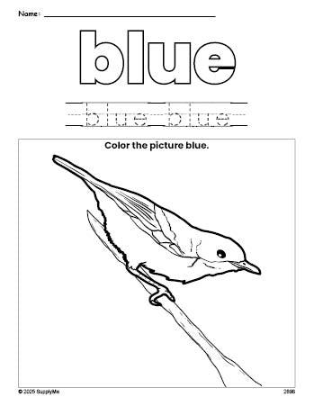 Free robin color blue coloring page and color worksheet, blue worksheet for preschoolers to learn colors, printable PDF