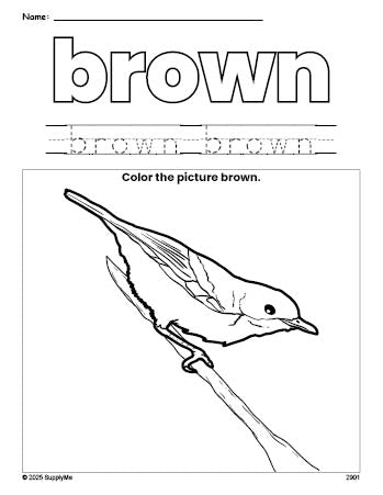 Free robin color brown coloring page and color worksheet, brown worksheet for preschoolers to learn colors, printable PDF