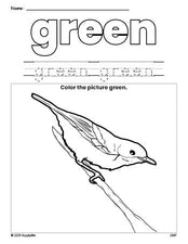 Free robin color green coloring page and color worksheet, green worksheet for preschoolers to learn colors, printable PDF