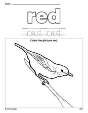 Free robin color red coloring page and color worksheet, red worksheet for preschoolers to learn colors, printable PDF