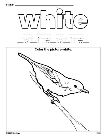 Free robin color white coloring page and color worksheet, white worksheet for preschoolers to learn colors, printable PDF