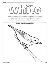 Free robin color white coloring page and color worksheet, white worksheet for preschoolers to learn colors, printable PDF