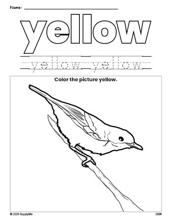 Free robin color yellow coloring page and color worksheet, yellow worksheet for preschoolers to learn colors, printable PDF