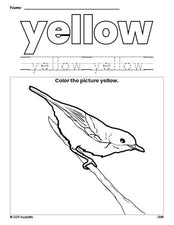 Free robin color yellow coloring page and color worksheet, yellow worksheet for preschoolers to learn colors, printable PDF