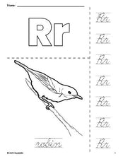 Free printable robin coloring page and cursive letter tracing worksheet, letter r worksheet for preschool, pre-k, and kindergarten, PDF