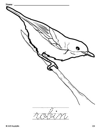 Free printable robin coloring page and cursive word tracing worksheet, perfect for preschool, pre-k, and kindergarten, PDF