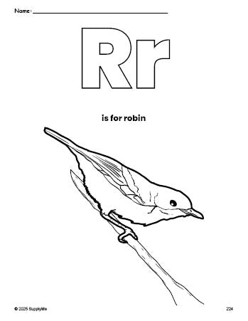 Free printable robin coloring page, letter r coloring page for preschool, pre-k, and kindergarten, PDF