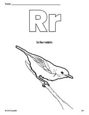 Free printable robin coloring page, letter r coloring page for preschool, pre-k, and kindergarten, PDF