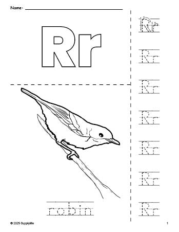 Free printable robin coloring page and letter tracing worksheet, letter r worksheet for preschool, pre-k, and kindergarten, PDF