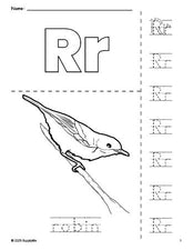 Free printable robin coloring page and letter tracing worksheet, letter r worksheet for preschool, pre-k, and kindergarten, PDF