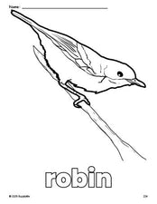 Free printable robin coloring page for preschool, pre-k, and kindergarten, PDF