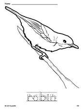 Free printable robin coloring page and word tracing worksheet, letter formation guides, perfect for preschool, pre-k, and kindergarten, PDF