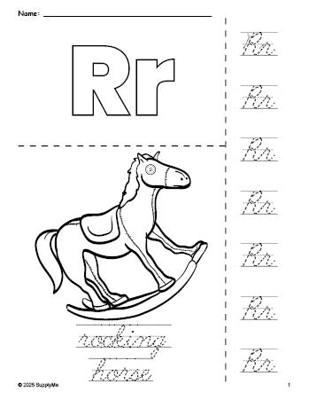 Free printable rocking horse coloring page and cursive letter tracing worksheet, letter r worksheet for preschool, pre-k, and kindergarten, PDF