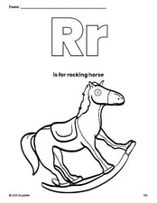 Free printable rocking horse coloring page, letter r coloring page for preschool, pre-k, and kindergarten, PDF