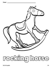 Free printable rocking horse coloring page for preschool, pre-k, and kindergarten, PDF