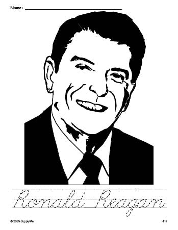 Free printable Ronald Reagan Presidents' Day coloring page and cursive word tracing worksheet, perfect for preschool, pre-k, and kindergarten, PDF